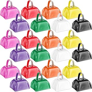 Yeshone 24 Pcs Metal Cowbell with Handle Cow Bells Noise Makers for Sporting Events Small Loud Noisemaker Cow Bell for Wedding Cheering Football Games, 3 x 2.8 x 2.5 Inch(Multicolor)