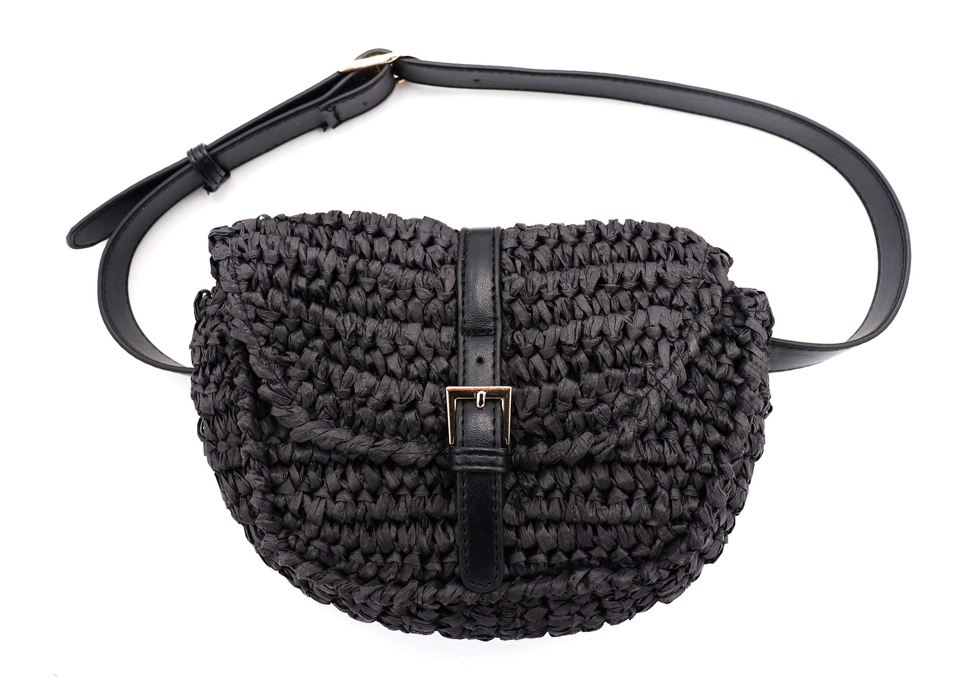 surell Black Straw Fannypack - Small & Lightweight Summer Beach Bag for Women - Hands Free Waist Bag - Hands Free Waist Bag - Handwoven Bohemian Style