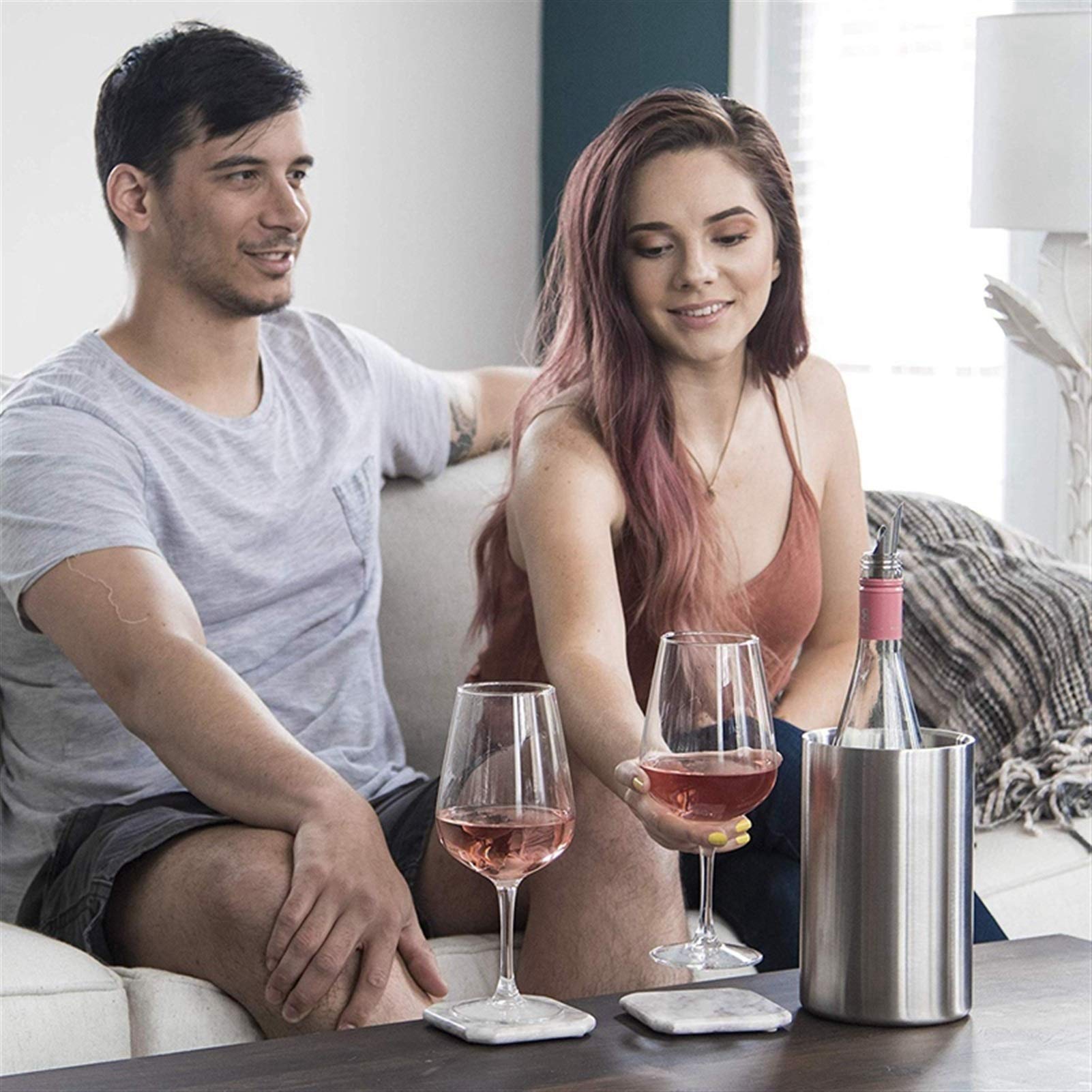 Großer Getränkekühler/Bier-Eimer 1 STÜCK Schweißfreier Edelstahl-Isolierter Weinkühler-Eimer mit Weinbelüfter – passend für 750 ml Weinflaschen, hält Wein stundenlang kalt (Farbe : Silber)