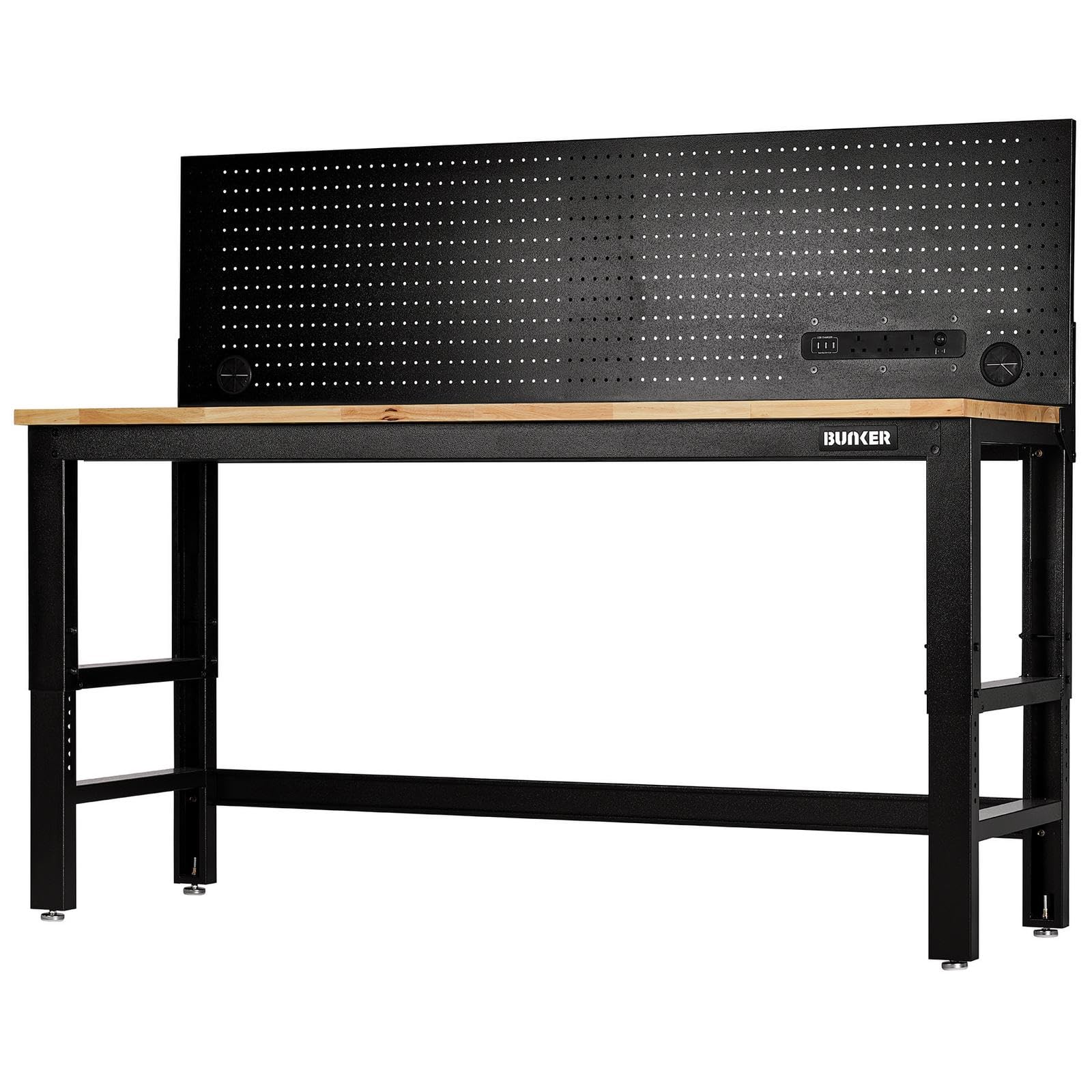 Bunker Hardwood Worktop Workbench And Power Pegboard