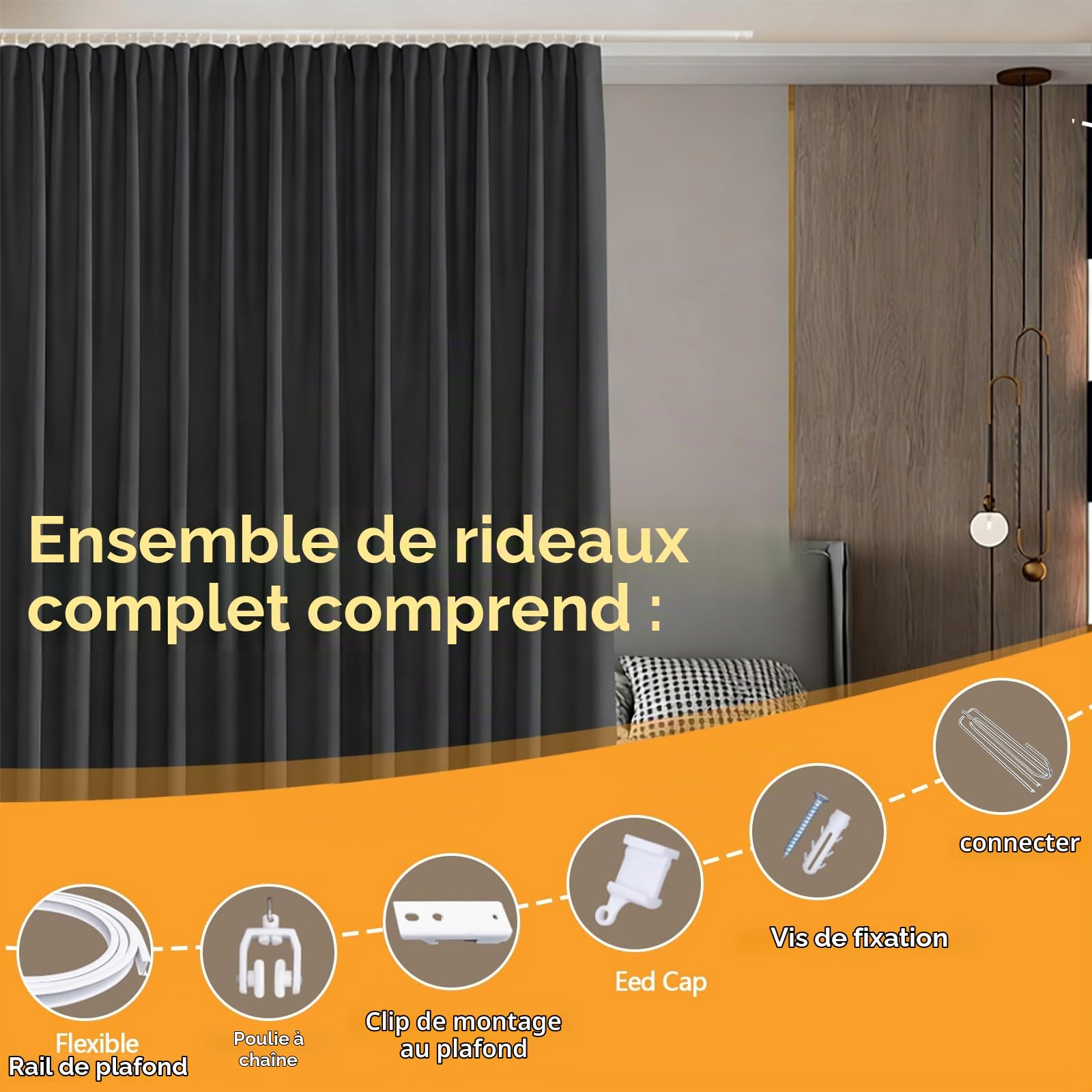 Rideau Séparateur De Pièce Avec Rail De Plafond Flexible Ajustable 3M, Montage Au Plafond Sur Rails, Pour Salon, Chambre, Bureau (Noir - H 220 X 270 Cm, 1 Panneau)