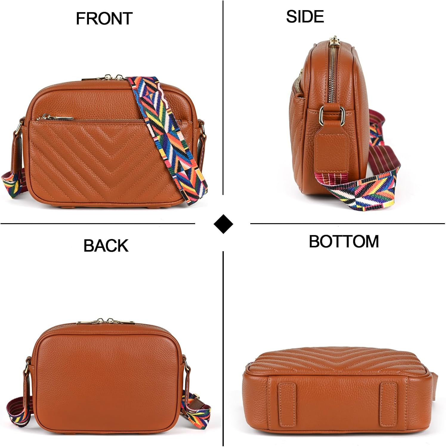 Small Crossbody Bag Purse for Women Genuine Leather Shoulder Bag Trendy Quilted Handbags with Colored Strap
