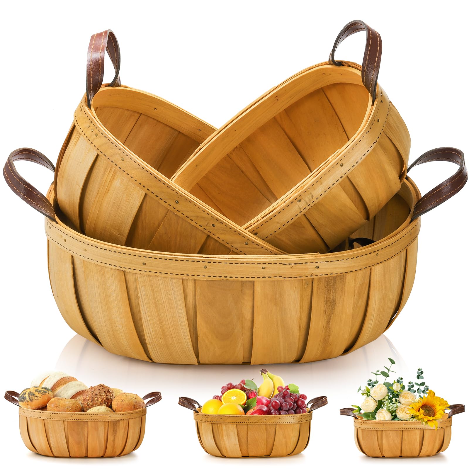 Goaste 3 Pack Wooden Bread Baskets, 3 Sizes Hand Woven Fruit Basket, Rustic Serving Basket Bowl with Handles, Decorative Picnic Basket Holder for Kitchen Counter, Vegetable, Egg, Snack