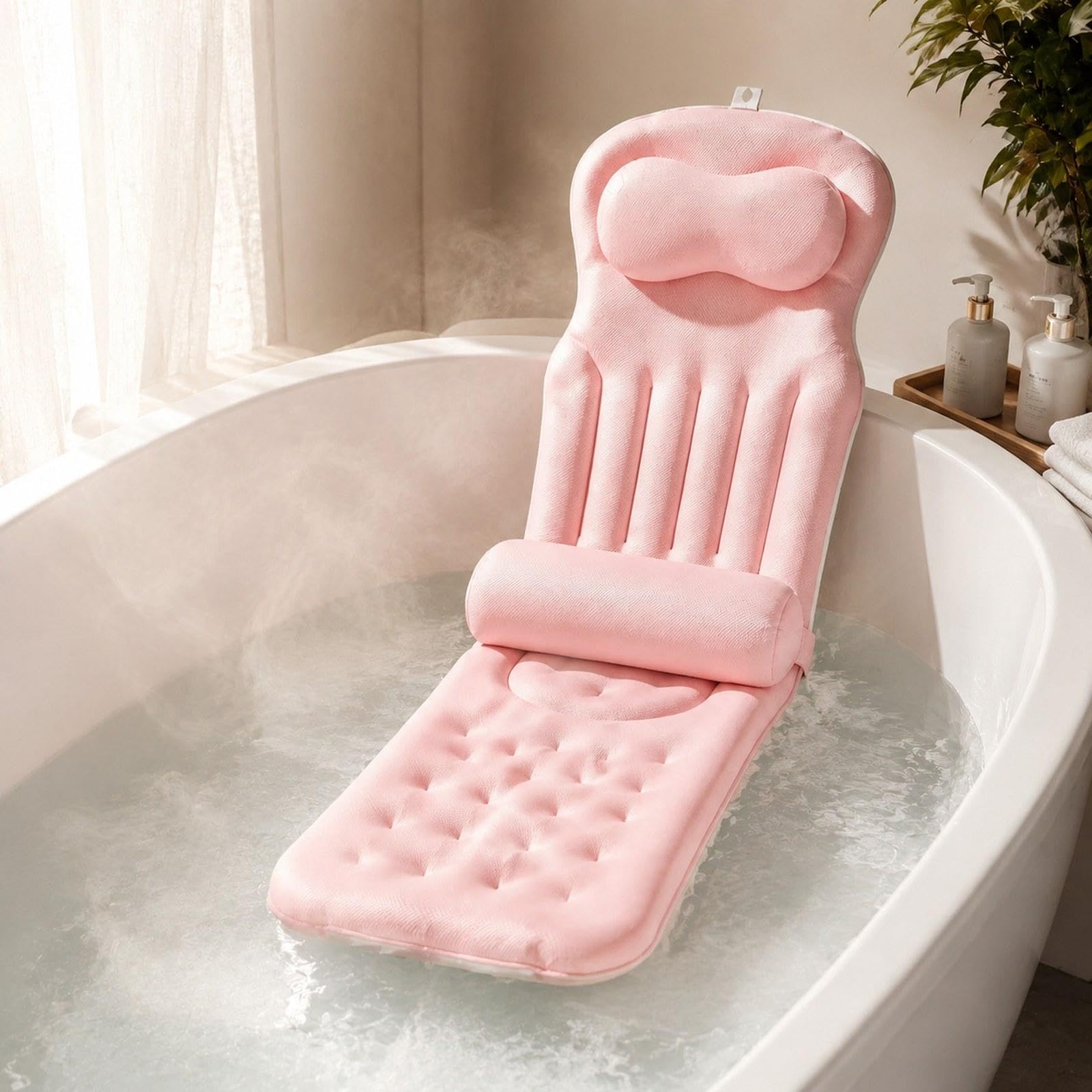 Almohada Baño Cuerpo Completo Almohadilla Bañera Cojín SPA con Ventosas Material Mesh Diseño Ergonómico Suave Antideslizante Adecuada para Ad, Rosa, Individual