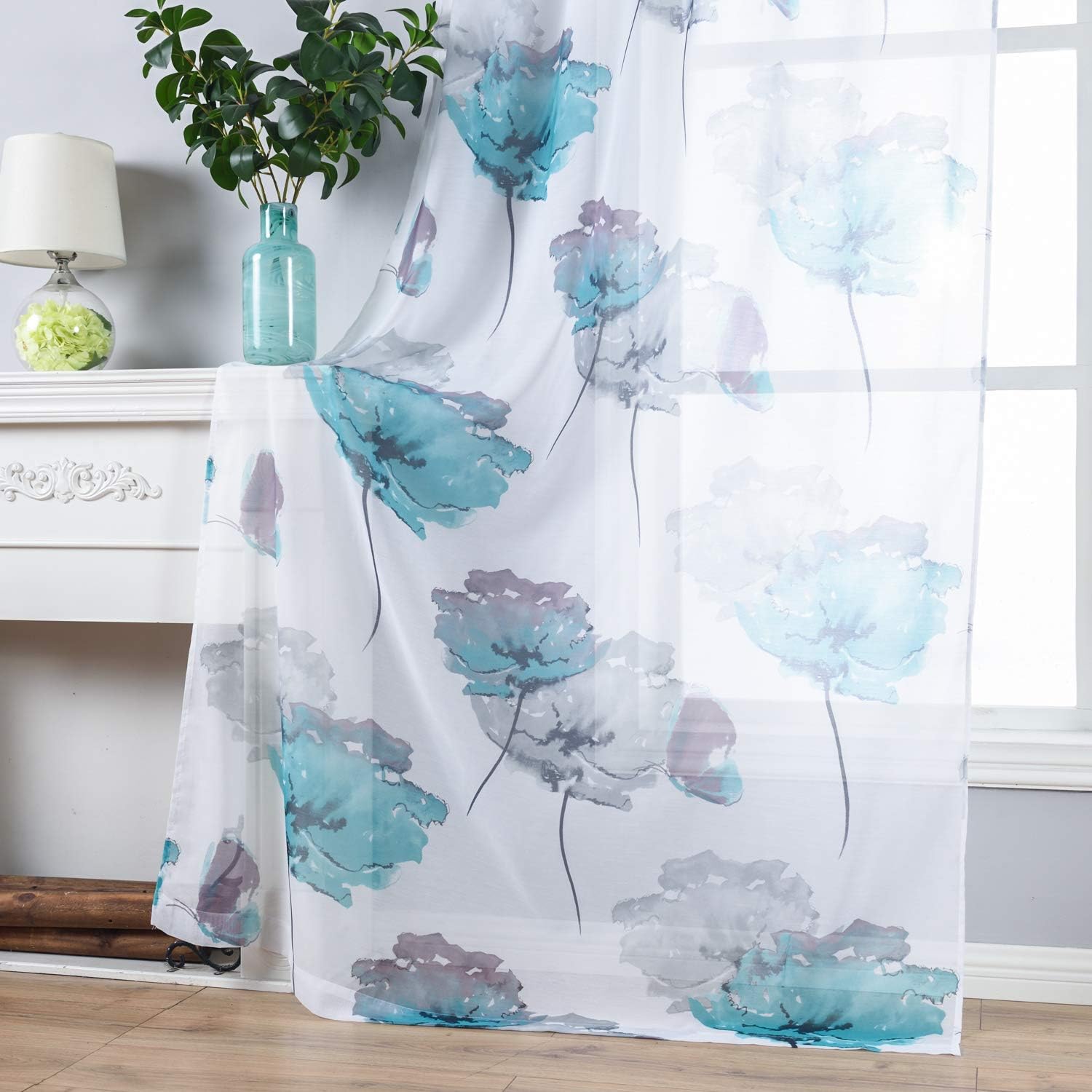 Taisier HomeWatercolor Sheer Curtains Floral Printed Curtain Blue Green Leaf Flower Print Panels Semi Living Room Bedroom Sheers 63 inch Length Window Treatment Set Grommet Top Drapes 2 Panels