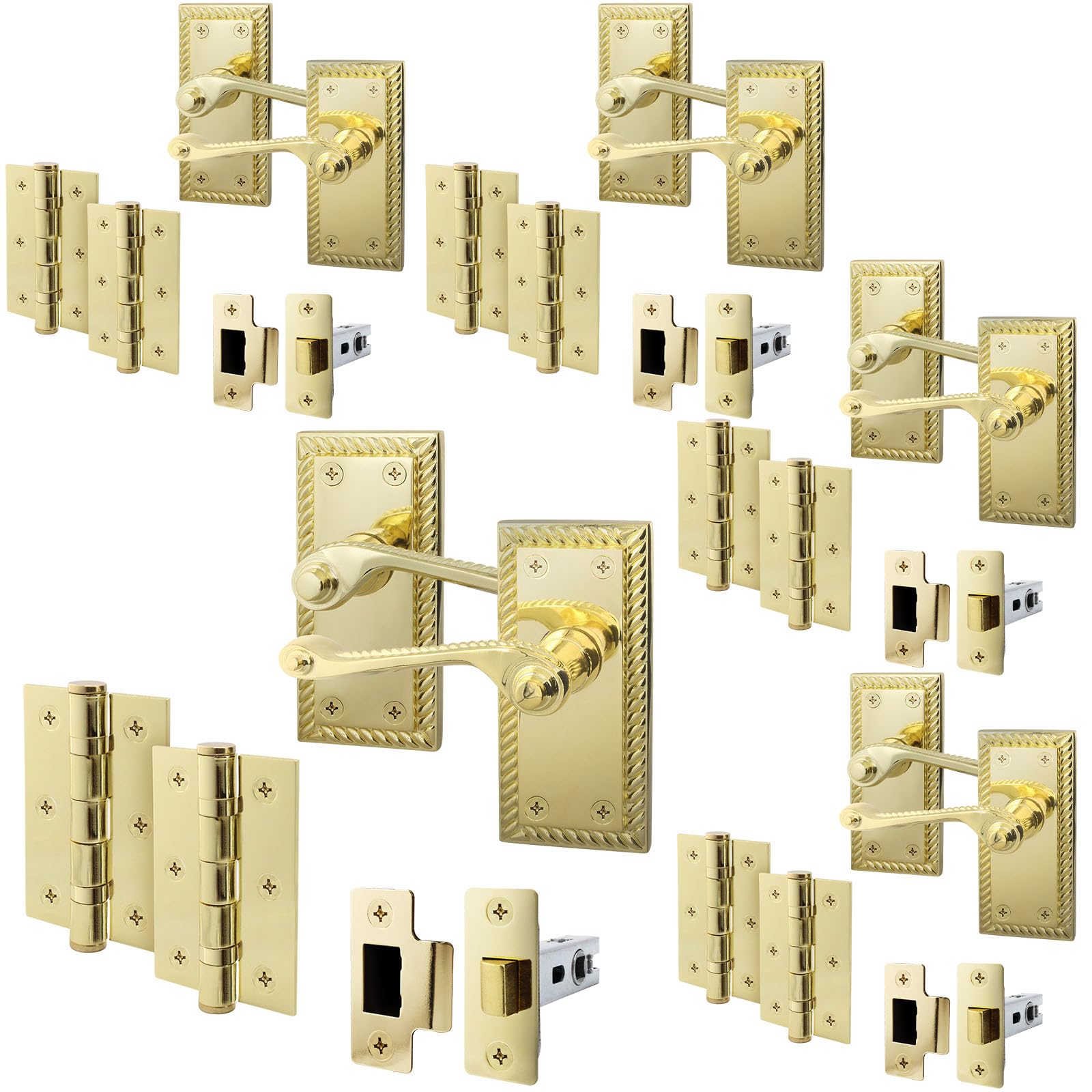 Eai Polished Brass Georgian Scroll Door Handle Latch Set - 5 Pairs Internal Handles, Hinges (76Mm) & Latch (64Mm) - Rope Design