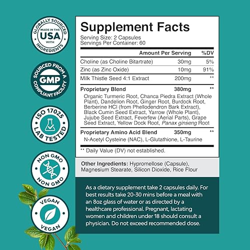 Miniatura 2 de Suplemento NAC de apoyo hepático con cardo mariano para limpieza hepática, desintoxicación y reparación, suplemento de N acetil cisteína, limpieza