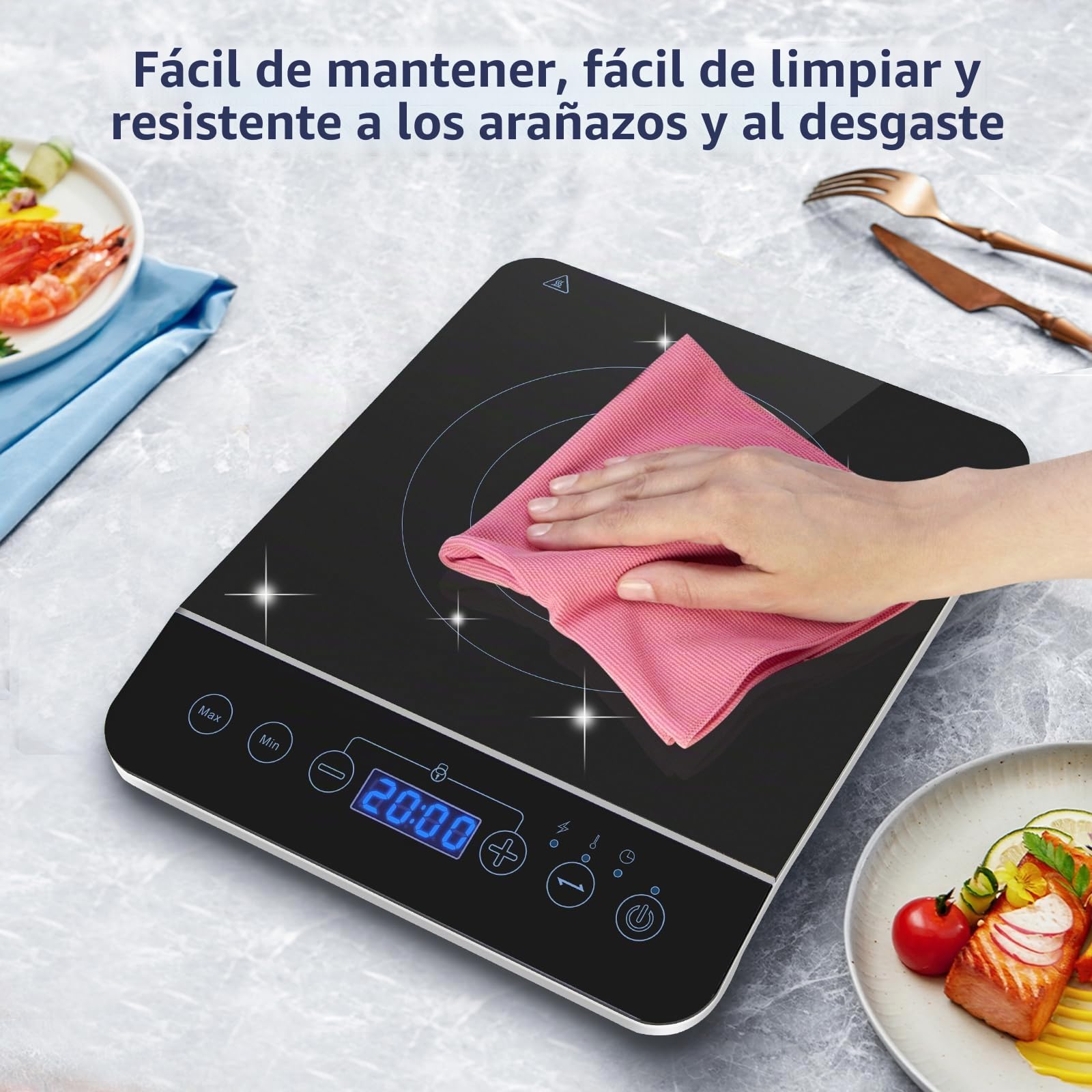 Aigostar BlueFire 30PKZ- Placa de inducción portátil, 2000 W, control táctil, 10 niveles de potencia, temporizador, pantalla digital LED. Para recipientes entre 13 y 24 cm diámetro.