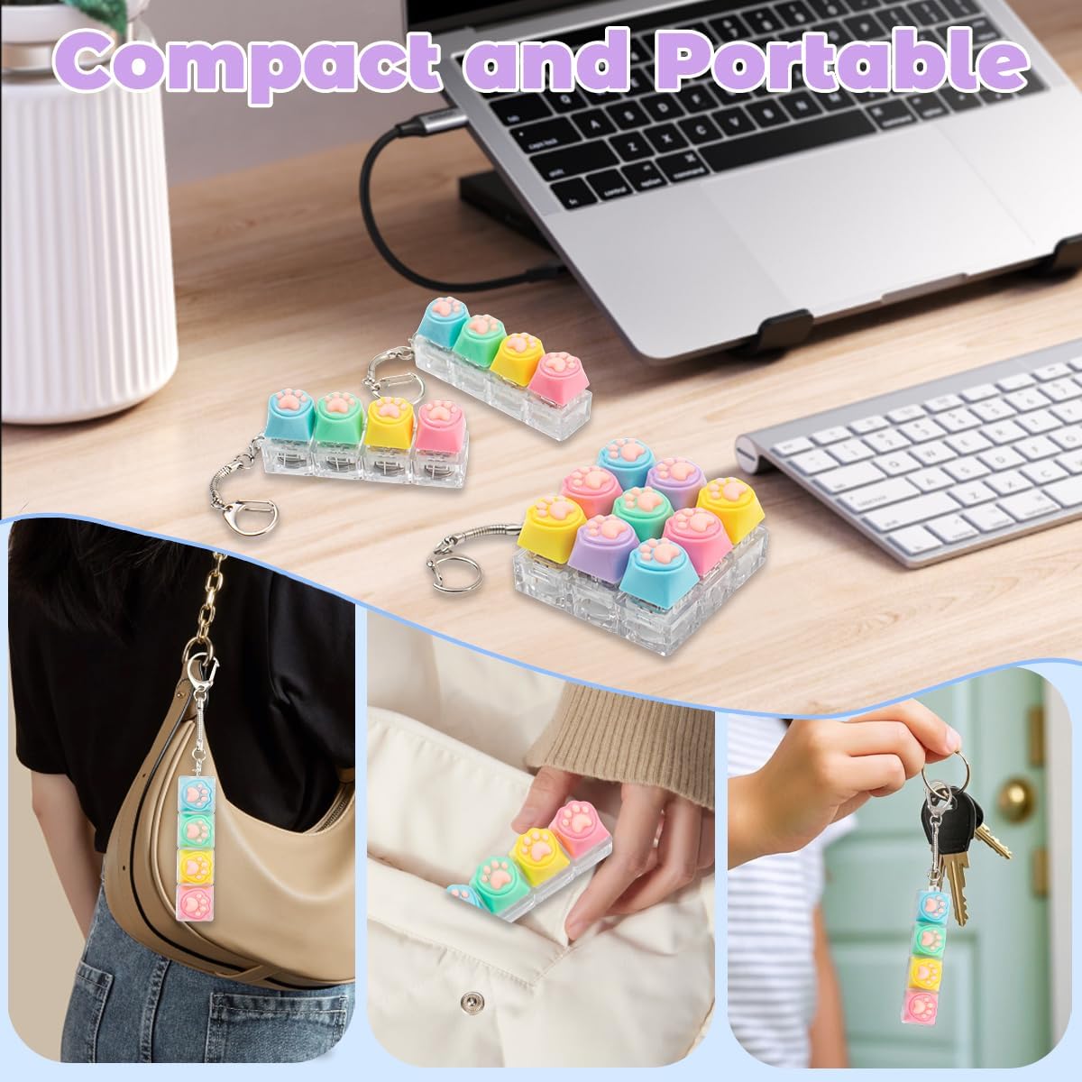 3 Pcs Keyboard Fidget Toy for Adult, Cute Loud Fidget Keyboard Keychain, Light Up Keyboard Clicker Fidget Toy, Cat Paw Button Fidget Clicker Sensory Toys for Ideal Anxiety Stress Relief Gift