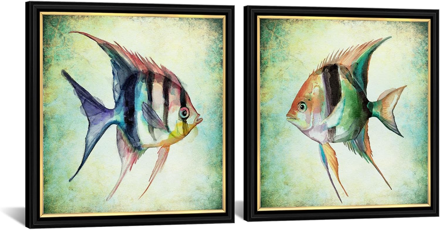 KREATIVE ARTS Tropical Angelfish Wall Art Canvas Prints Set Framed Fish Bathroom Ocean Coastal Decor for Beach House Living Room Bedroom Nautical Marine Theme Artwork 2 Pack 12x12 Inch