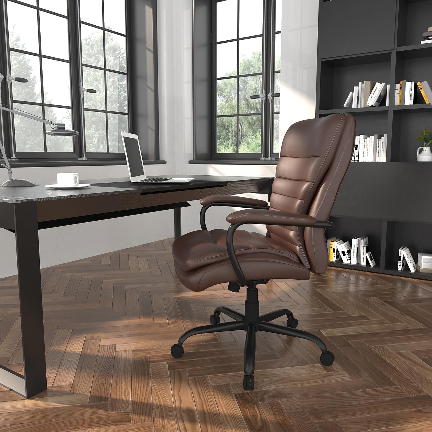 BOWERY HILL Big Man’s Faux Leather Office Chair, Bomber Brown Finish, Adjustable Seat Height, Heavy Duty Spring Tilt Mechanism, 27" Brushed Metal Base, Weight Capacity 350 lbs, Upholstered Chair for