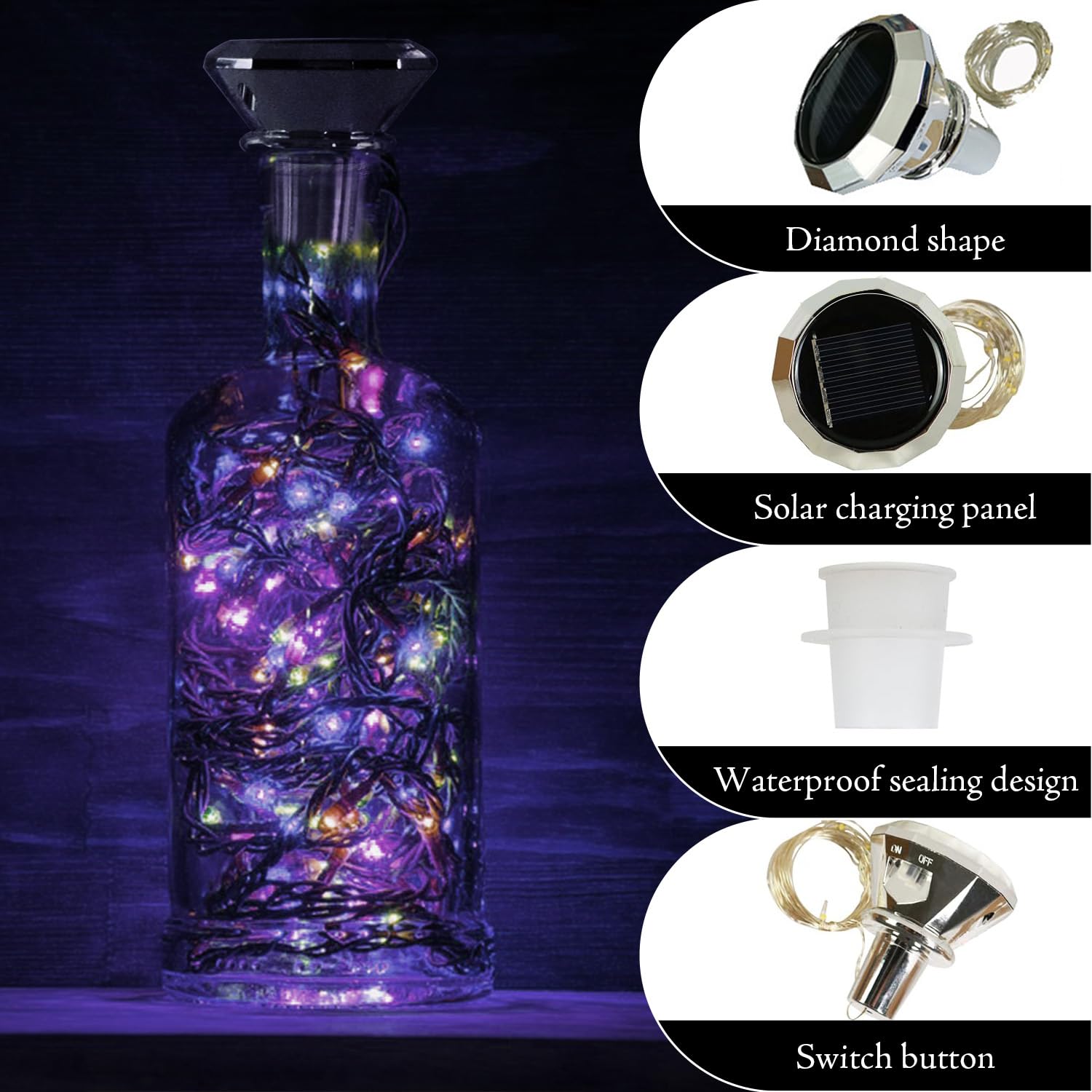 Lumosmart 4Pcs Solar Wine Bottle Lights for Outdoor Garden Waterproof Mini Led Bottles Fairy Light Rechargeable Diamond Cork Solar Powered Lamp Kit with 2M 20 Led Copper Wire String Lights (Colorful) - Image 3