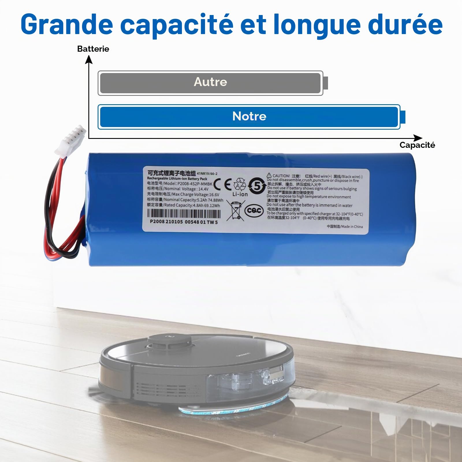 5200mAh S10-LI-144-5200 Batterie de Remplacement,Compatible avec Ecovacs Deebot T5 T8 T8+ T9 T9+,Deebot Ozmo 950 T10 T9 DX65 DX93 DX96 X1, Omni X1 Turbo X1 Plus DLX11-21/61 DBX11-11/21 Vacuum Cleaner