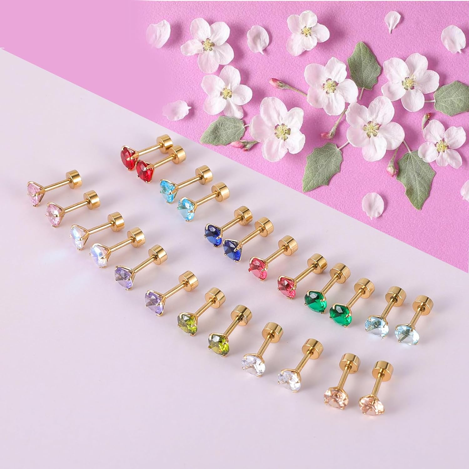 12 Pairs Surgical Stainless Steel Flat Back Screw Back Round Heart Star Square Teardrop Cubic Zirconia Birthstone Stud Earrings Set for Women - Image 2