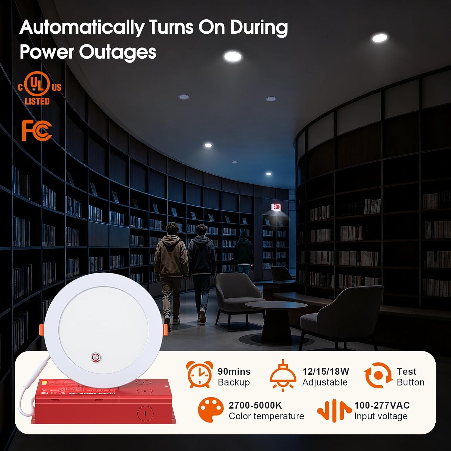 6 Inch LED Recessed Lights with 90 Mins Emergency Battery Backup, 5 CCT 2700K-5000K Selectable Downlight, 12W/15W/18W Adjustable Canless Wafer Light, ETL/FCC/UL/IC Ceiling Lighting 100-277V (1 Pack)