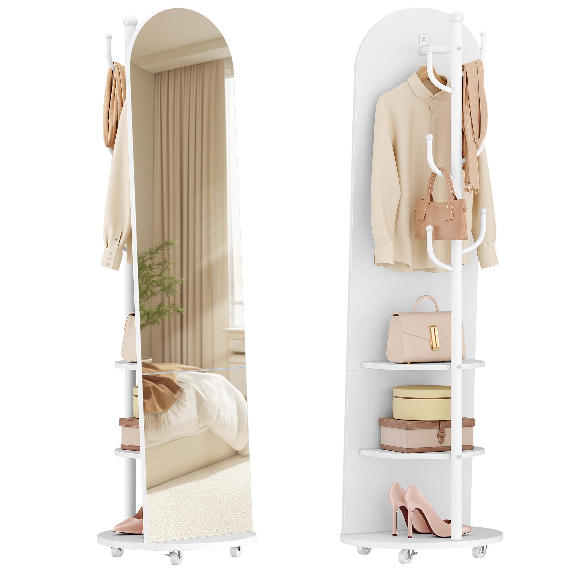 Hzuaneri Specchio a Figura Intera, Specchio da Terra con Ruote Girevoli a 360°, 165 x 45 cm, 2 Ripiani e 6 Ganci, per Camere da Letto, Cabine Armadio e Soggiorno, Vetro Temperato, Bianco DM42303W