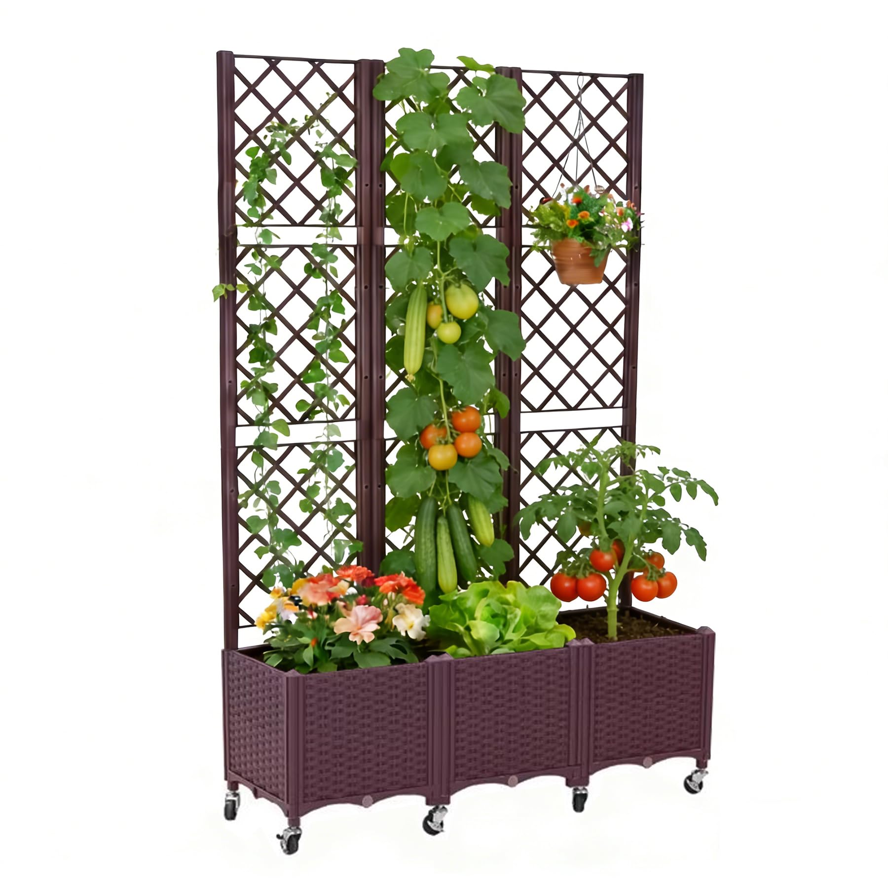 Jardinera elevada con Celosía y Autoriego, Cama de Jardín con 3 Maceteros y 8 Ruedas, Enrejado Soporte para Plantas Trepadoras, Verduras, Flores y Pantalla de Privacidad