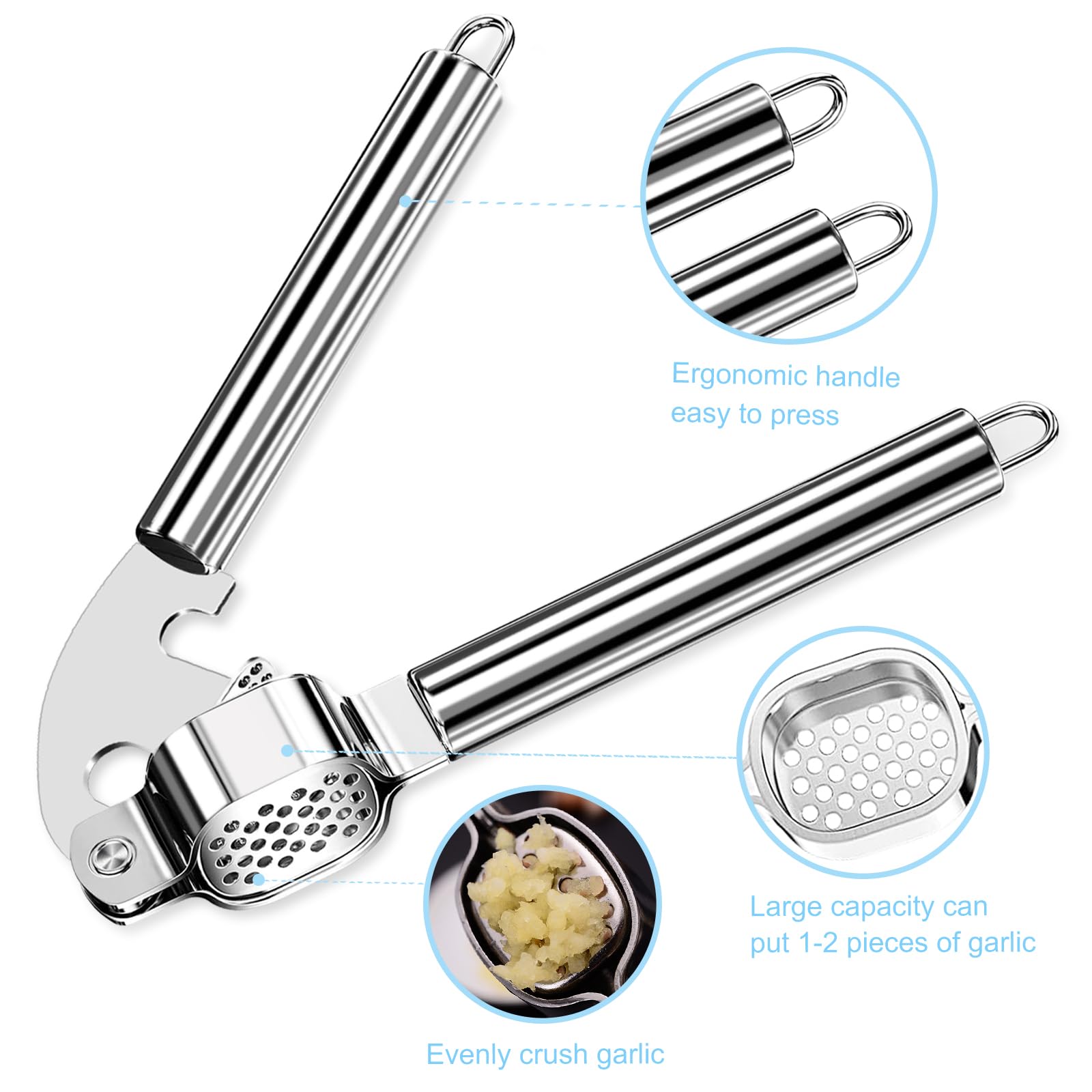 Nutabevr Prensa de ajos de cocina, picadora de ajo Acero Inoxidable,Prensa de ajo resistente y no oxidada, con pelador de silicona y cepillo de limpieza, fácil de limpiar y lavar el lavavajillas.