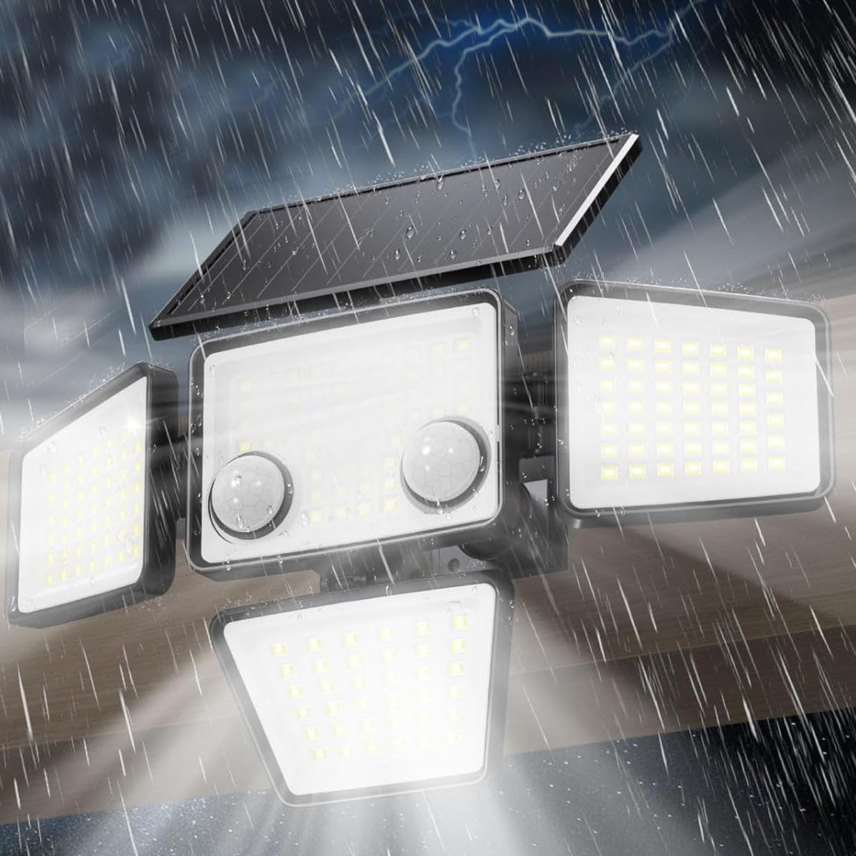 Lumisky FAIRVIEW - Set di 2 faretti solari a 4 teste nere – Luce LED potente, bianco, orientabili con rilevatore di movimento, ideali per fissare giardino, terrazza ed esterno