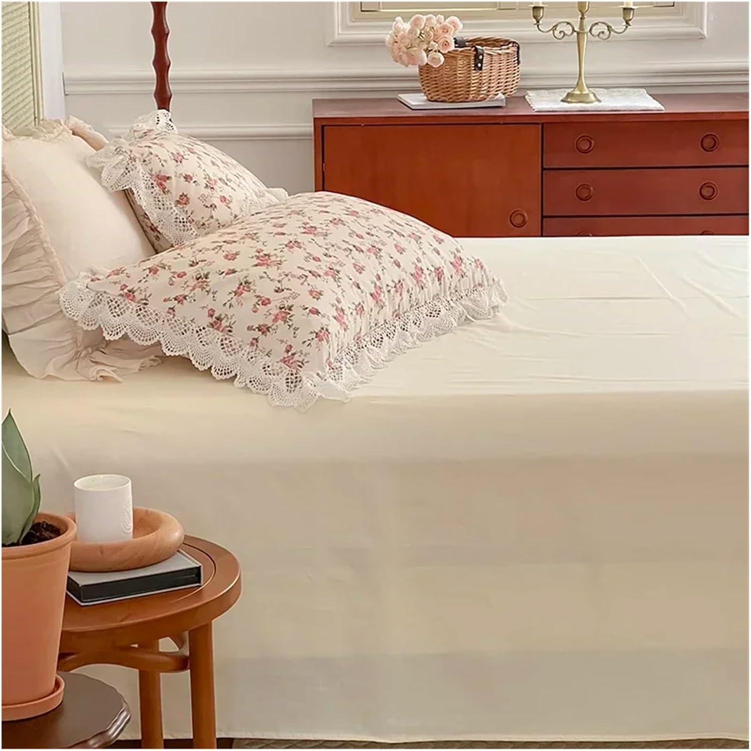 Cotton V-intage French Floral Pattern Princess 4Pcs Bedding Set Ruffles Bed Skirt Quilt/Duvet Cover Set Bed Linen Pillowcase,Bed, Queen, MM-102