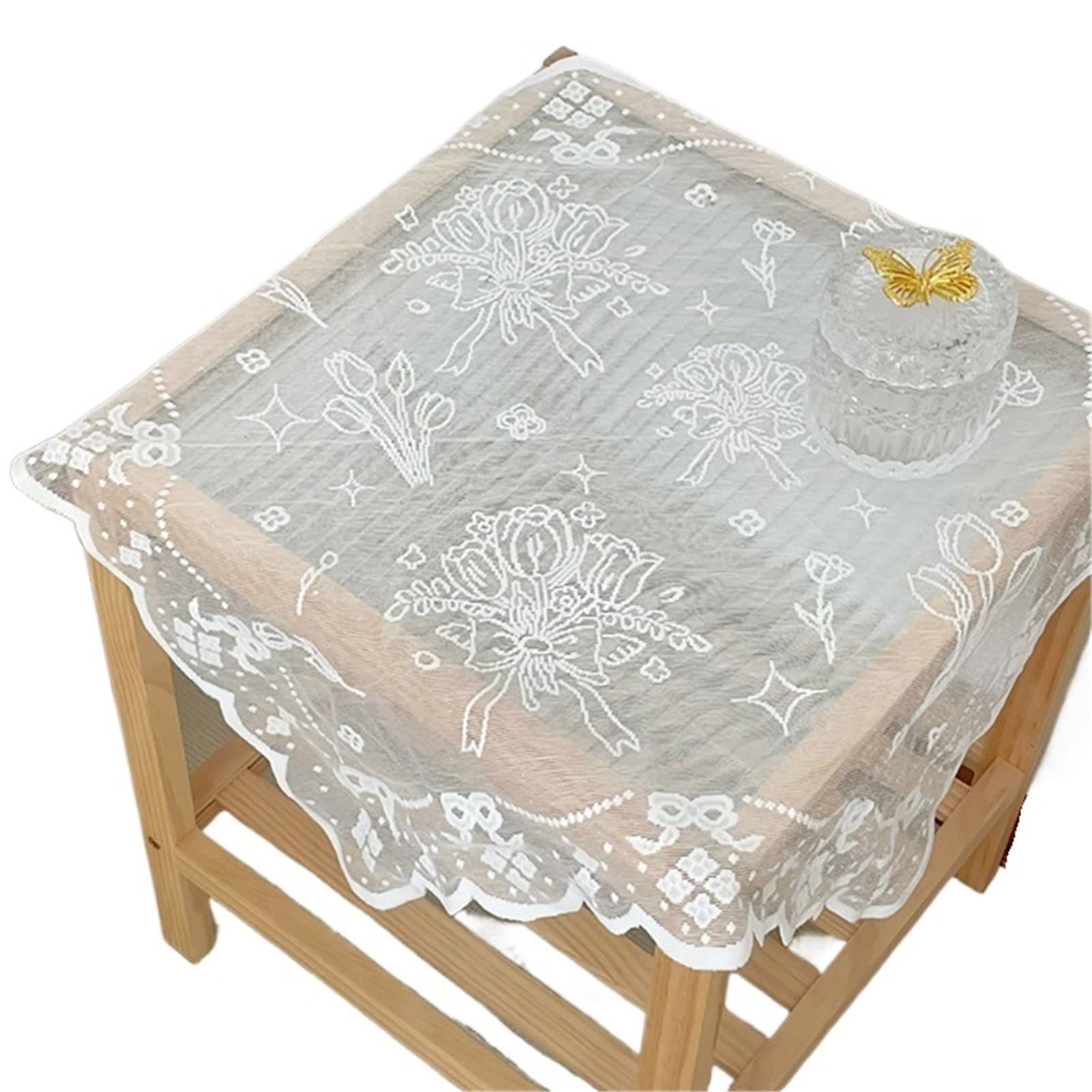 ZNTIHZ Floral Lace Tablecloth Coffee Table Cushion Bedside Cover Bright Silk Thread For Furniture Decoration For Furniture Dresser(90x90cm)