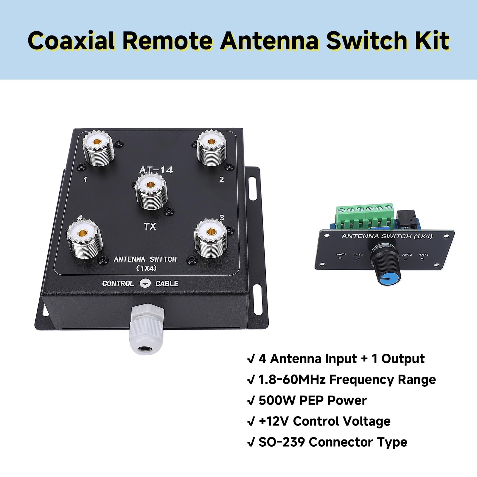 Marhynchus Commutatore D'antenna Coassiale a 4, Selettore D'antenna Remoto, Interruttore Coassiale HF, 1 Uscita, 500 W PEP, 1,8-60 MHz con Connettori SO-239 per (interruttore AT14 + kit di