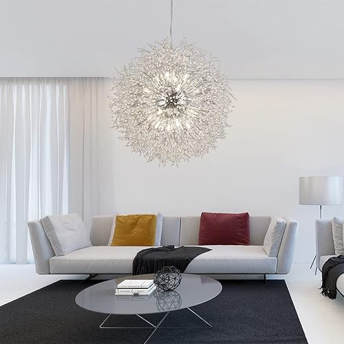 Miniatura 4 de Isamacc Candelabro de cristal moderno, 24 luces con colgante de fuegos artificiales cromado, lámpara de techo grande de diente de león de 39.3