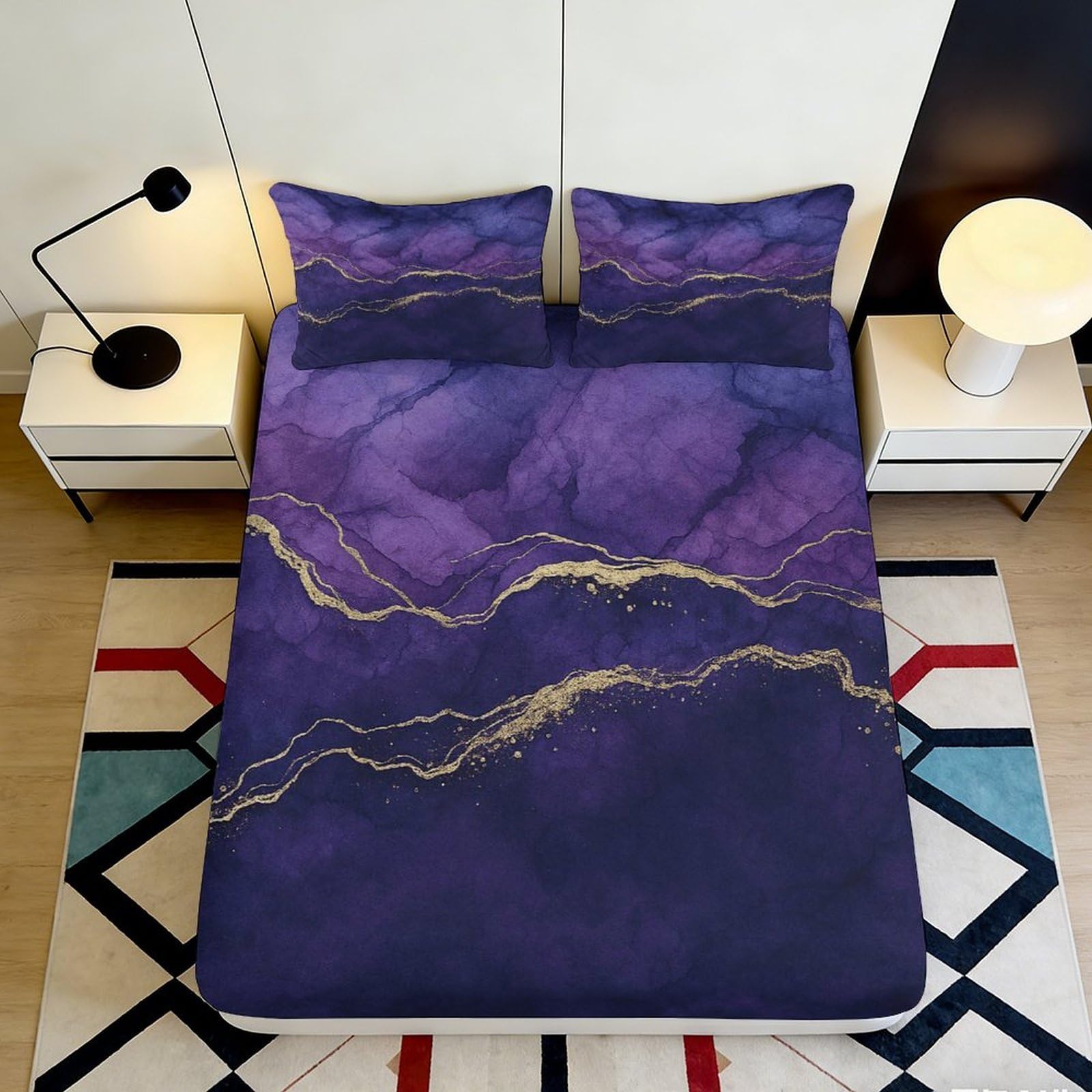 3D Printed Marble Purple Fitted Sheet Microfiber Deep Pocket Non-Slip Marble Mattress Fitted Cover Bedroom 200x200x25cm 90x200x25cm