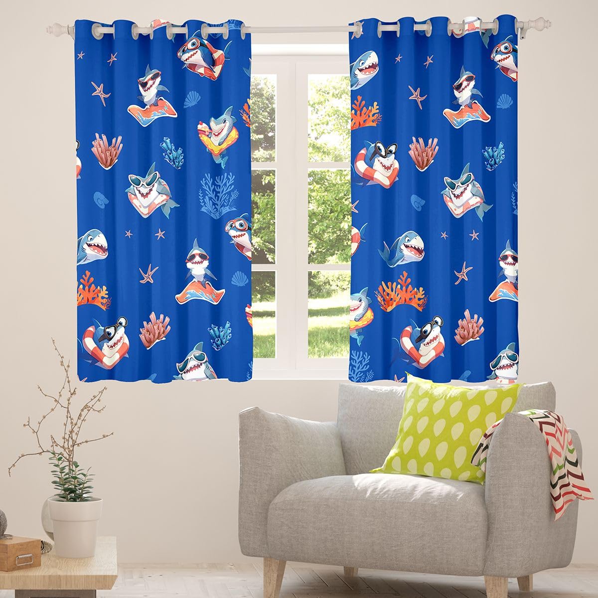 Homemissing Tende oscuranti per camera da letto e soggiorno, motivo squalo in stile cartone animato, tende oscuranti con animali marini, 2 pannelli, 167,6 x 228,6 cm, decorazione per la stanza