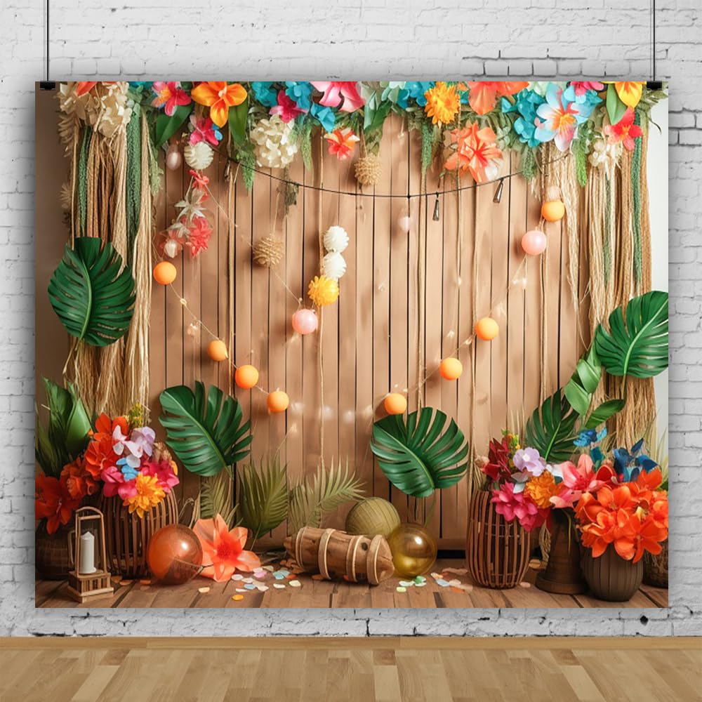 Summer Hawaiian Luau Backdrop for Photography 10x8ft Tropical Leaves Flower Wood Board Photo Background Large Party Decorations Studio Photo Booth Props