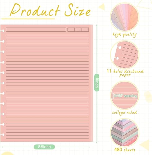 Miniatura 2 de PerKoop Paquete de 12 480 hojas de papel de repuesto de color de 8.5 x 11 pulgadas, rayas universitarias, 11 discos, tamaño carta, papel rayado,