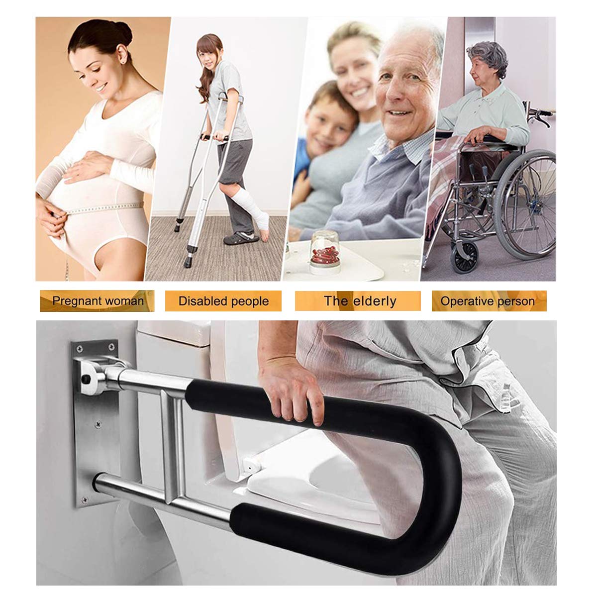 FlySkip Barra di supporto per WC, pieghevole, 61 cm, per disabili, montaggio a parete, per bagno e doccia, antiscivolo, per donne incinte e disabili