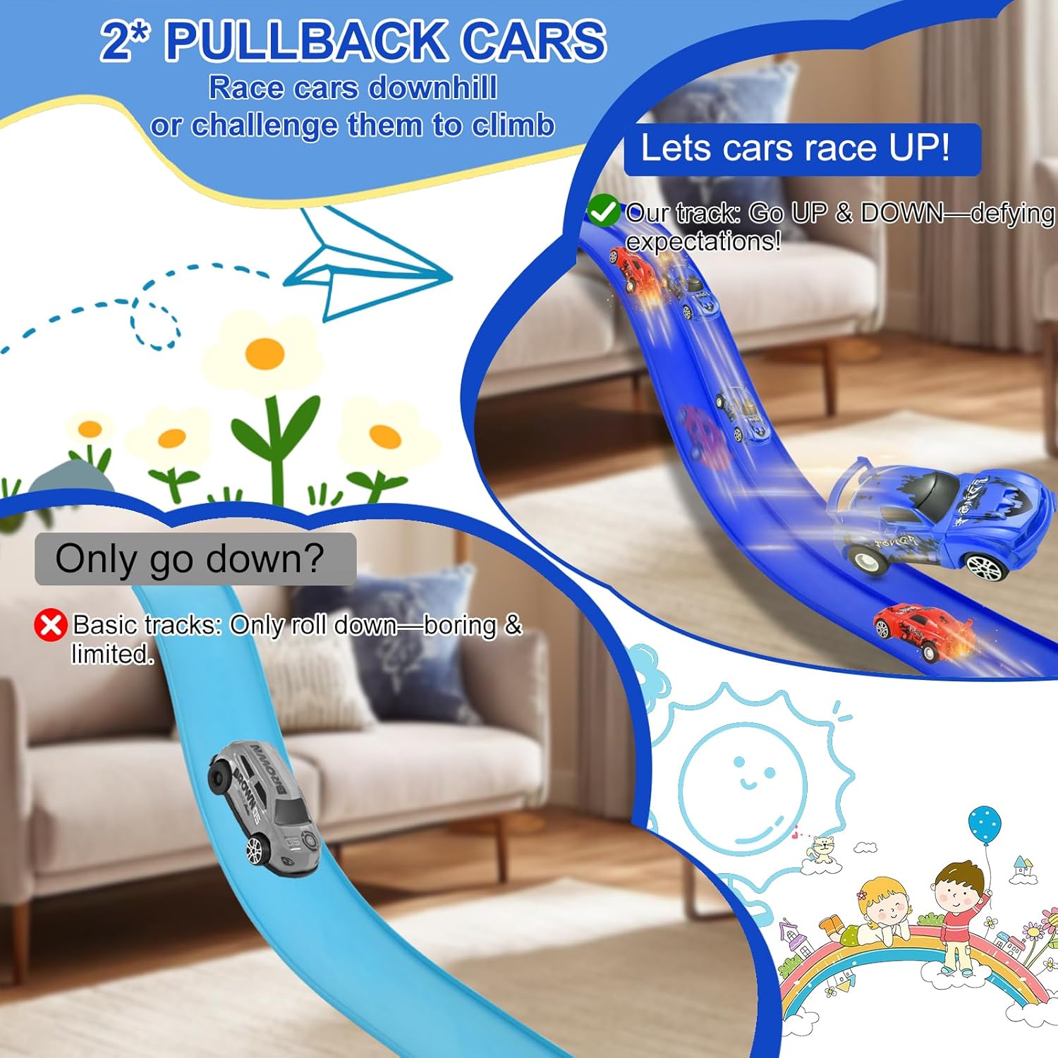 Flexible Race Track Toys for Kids: 20 Ft Flex Race Car Ramp Track with Suction Cups - Rolls Up Portable DIY Racetrack with 4 Racing Cars- Birthday Gifts for Boys Girls Ages 3+