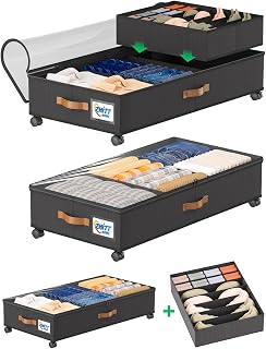Under Bed Storage with Wheels, Under the Bed Storage Containers Lids | 2-Pack 58L & 1-Pack 15L Box, Organizer Bins Rolling Underbed Storage for Clothes, Underwear, Socks, Shoes