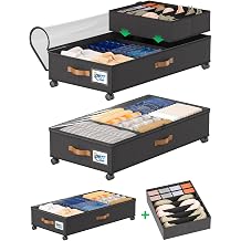Under Bed Storage with Wheels, Under the Bed Storage Containers Lids | 2-Pack 58L & 1-Pack 15L Box, Organizer Bins Rolling Underbed Storage for Clothes, Underwear, Socks, Shoes