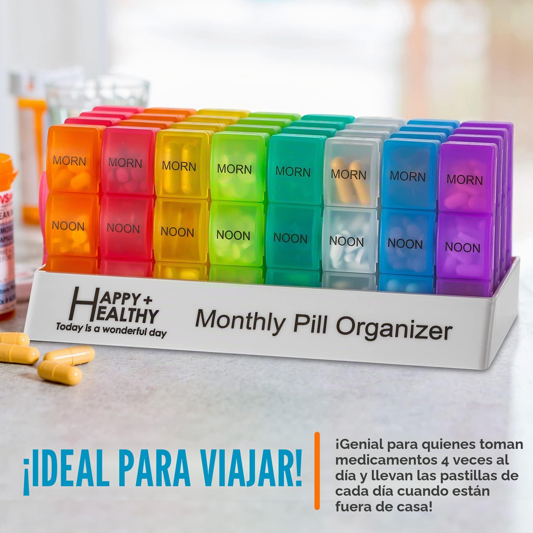 Organizador mensual de píldoras – Am/Pm Daily Pill Organizer 32 compartimentos para cada día, dispensador de píldoras y dispensador – BS0830J nuevo mensual Rainbow Morn-noon-eve