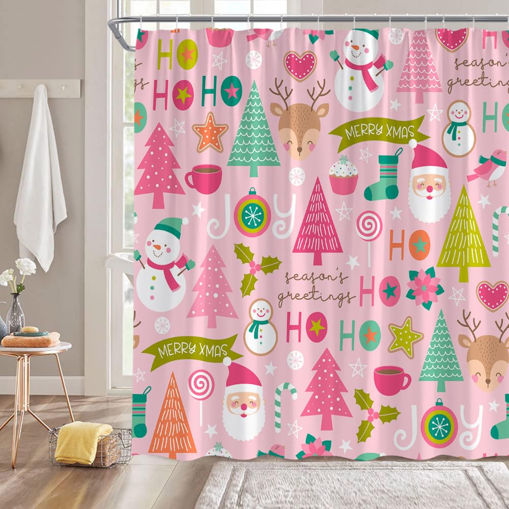 Merry Christmas Shower Curtain Cartoon Snowman Santa Claus Xmas Tree HoHo Funny Winter Holiday Seasonal Festival Fabric Bathroom Decor Curtain with Hooks