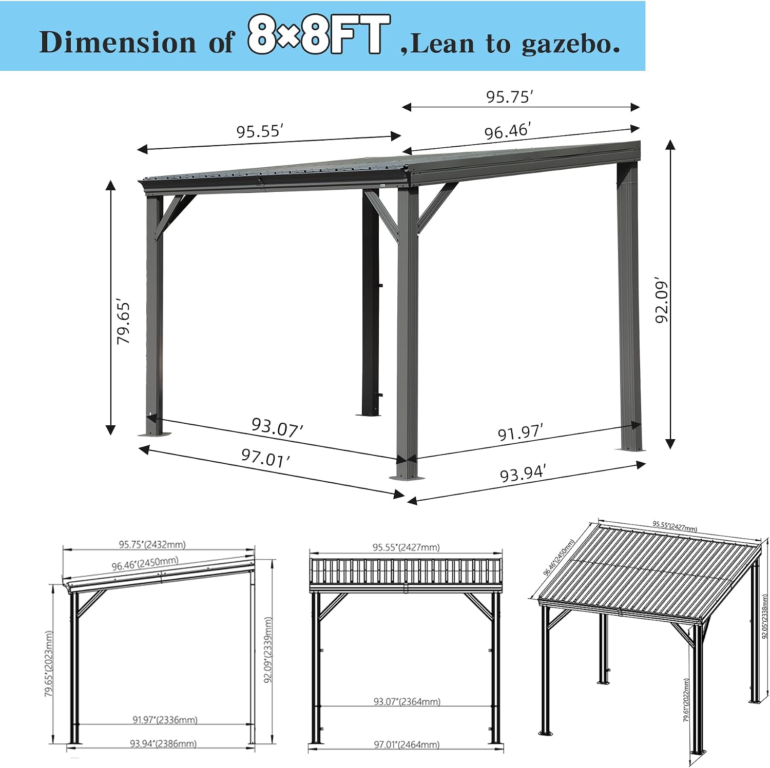 Technical dimension diagram for the 8x8 foot lean-to gazebo