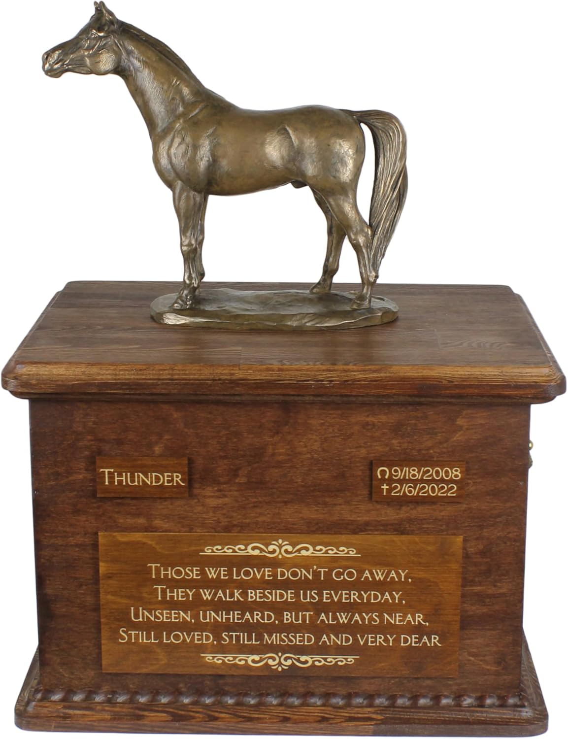 Art-Dog Big Urn for Horse Ashes - Handmade Memorial with Photo - Personalized Custom Horse Urn with Brass Handles and Ceramic Plaque - 15.7x11.8x11” – Arabian Horse I