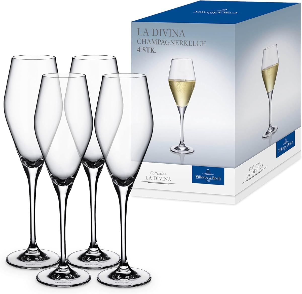 Villeroy & Boch La Divina Collection Champagne Flute, 4 oz Capacity, Set of 4 Crystal Glass, Made in Europe | Crystal glass champagne flutes, made in Europe, dishwasher safe, finely curved for champagne or sparkling Prosecco