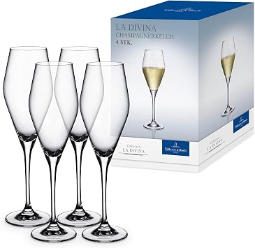 Villeroy & Boch La Divina Collection Champagne Flute, 4 oz Capacity, Set of 4 Crystal Glass, Made in Europe | Crystal glass champagne flutes, made in Europe, dishwasher safe, finely curved for champagne or sparkling Prosecco
