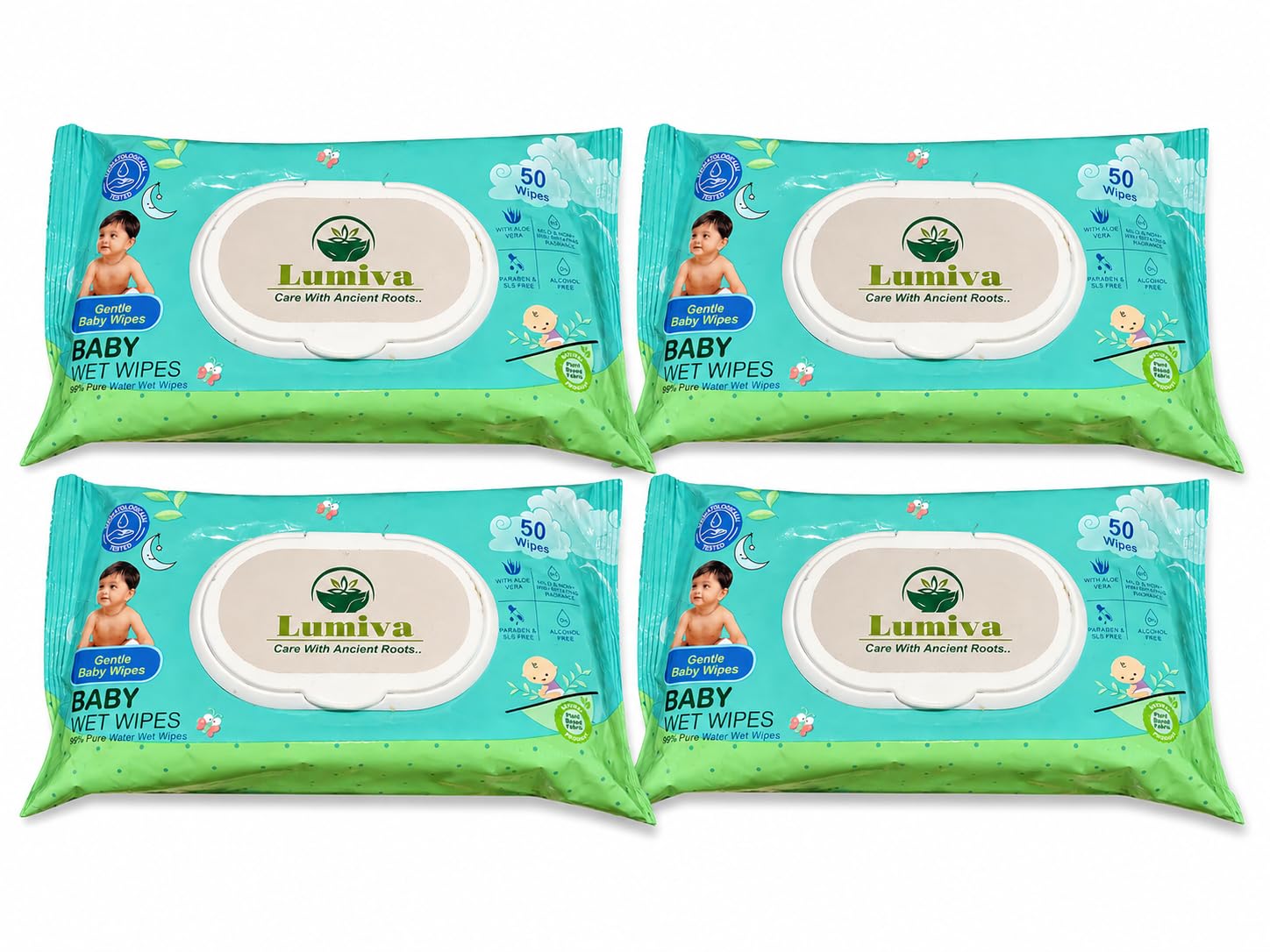 Lumiva Natural Baby Wipes-Pack of 4 (50 Wipe in Each Pack) | Soft, Moisturizing, Tear-Free | Enriched with Aloe Vera & Vitamin E | Hypoallergenic & Biodegradable | Perfect for Newborns & Toddlers-image-4