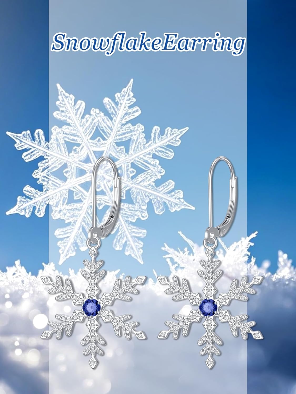 925 Sterling Silver Snowflake Earrings for Women White/Blue CZ Winter Snowflake Leverback Earrings Christmas Jewelry Gifts for Women - Image 2