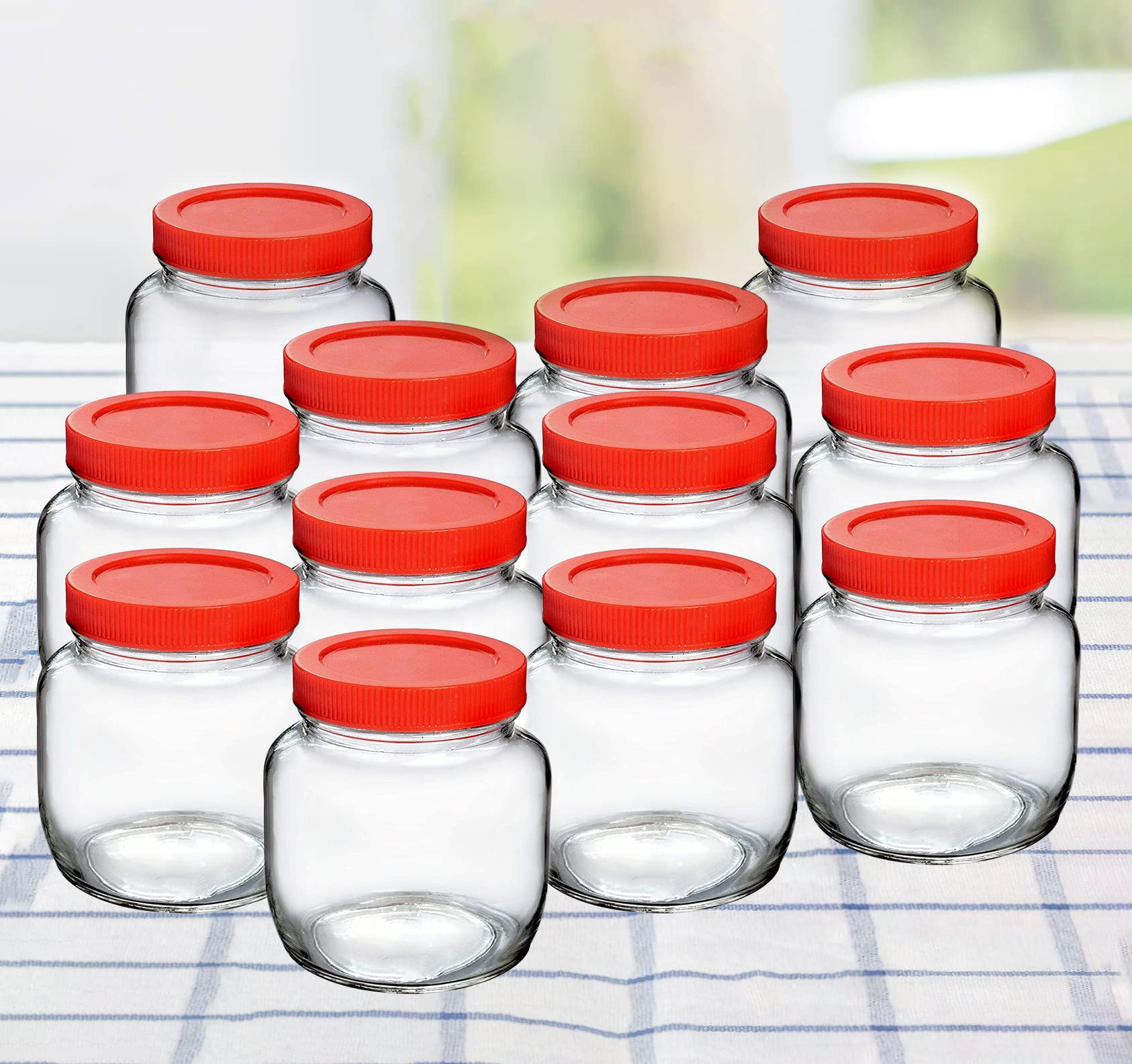 CLOUDMART Piramal Glass Round Shape Clear Jars And Containers For Kitchen Pantry, Snacks, Masala, Pickles, Dry Fruits, And Coffee Beans Storage With Red Color Plastic Lid (Aahar Jar 300Ml, Set of 12)