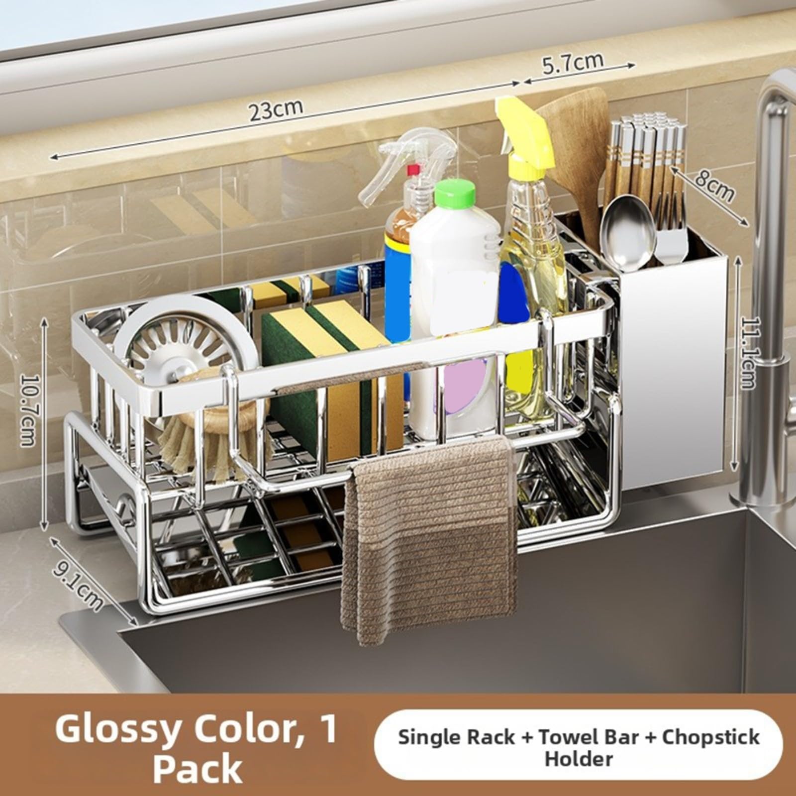 1 scolapiatti in acciaio inox per l'organizzazione della cucina, supporto bianco per spugne, spazzole, strofinacci, mensola moderna da banco (grigio)