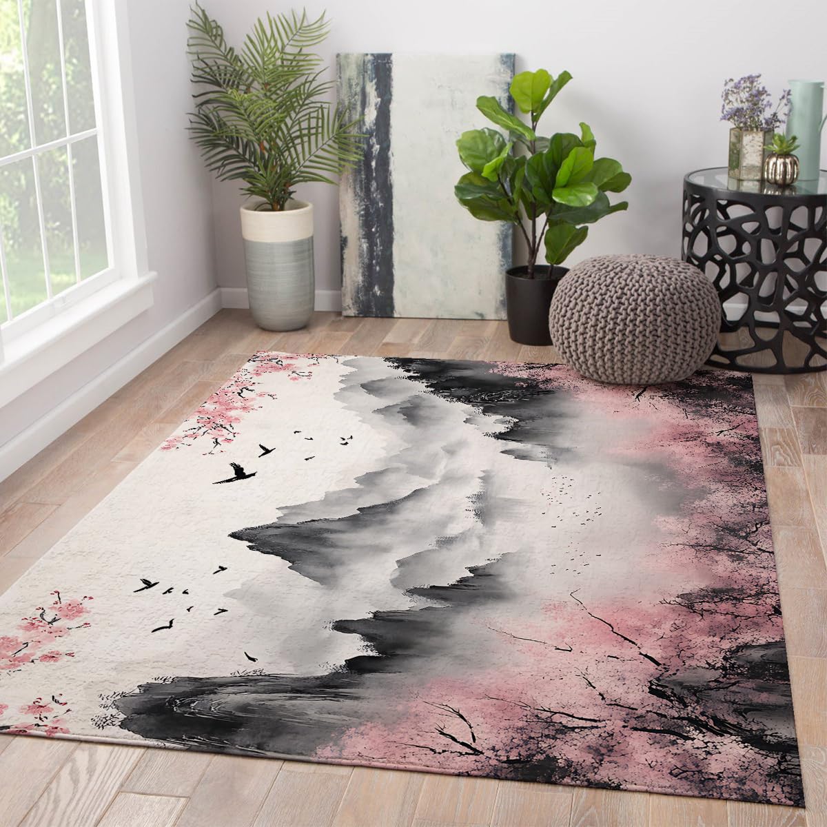 Tapis de salon fleurs lavable pour créer un coin lecture zen avec cerisier et oiseaux aquarelle