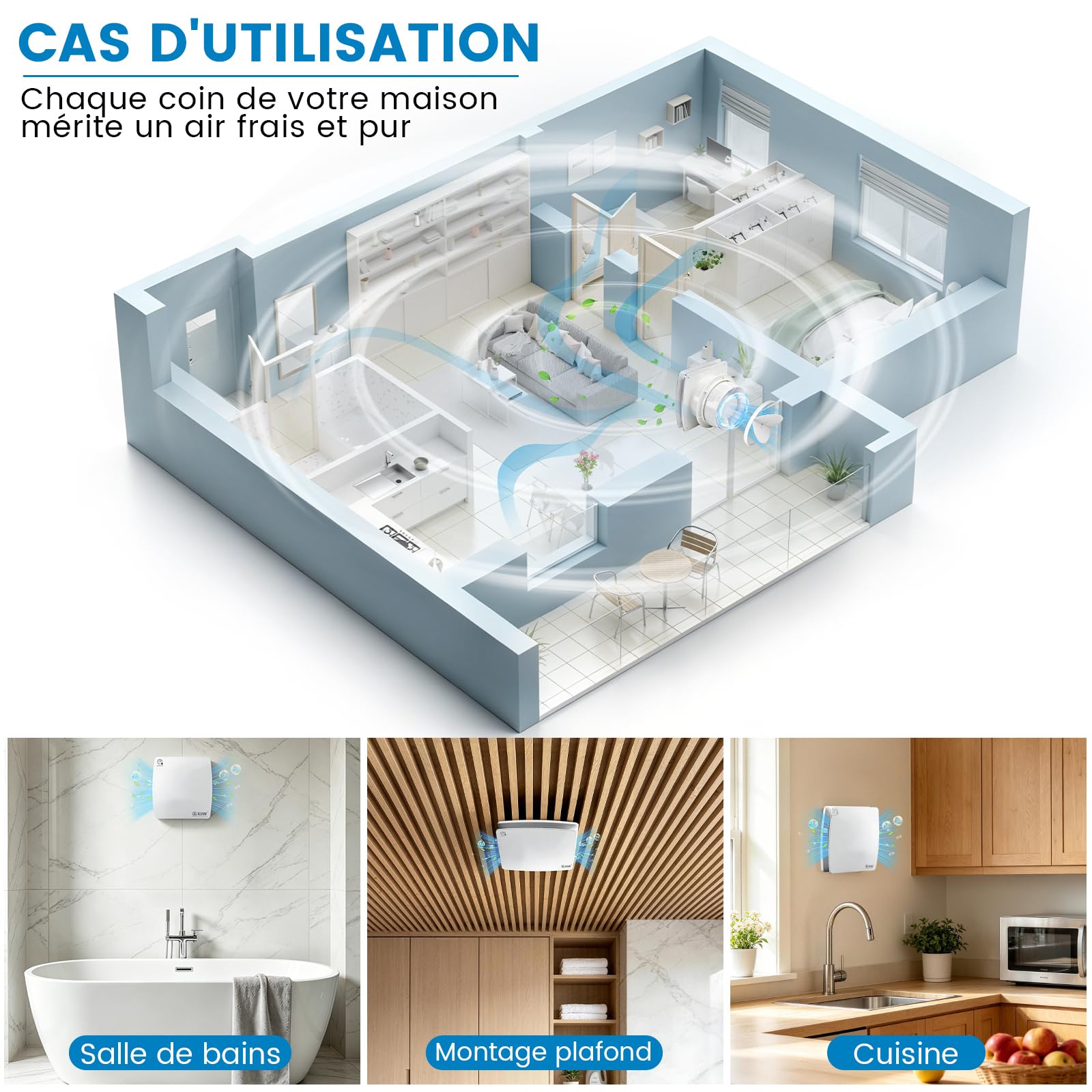 XIIW 100mm Extracteur d'Air VMC Salle de Bain Hygroréglable et Minuterie | 12W 95m³/h 34dB IPX4, Clapet Anti-Retour, Silencieux Ventilateur Salle de Bain, Cave WC et Cuisine, Mural& Plafond, Blanc