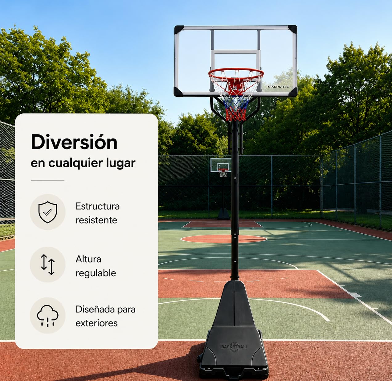 Canasta de Baloncesto portátil Regulable con Ruedas – Base rellenable, aro metálico con Red Tricolor – Uso jardín y Exterior