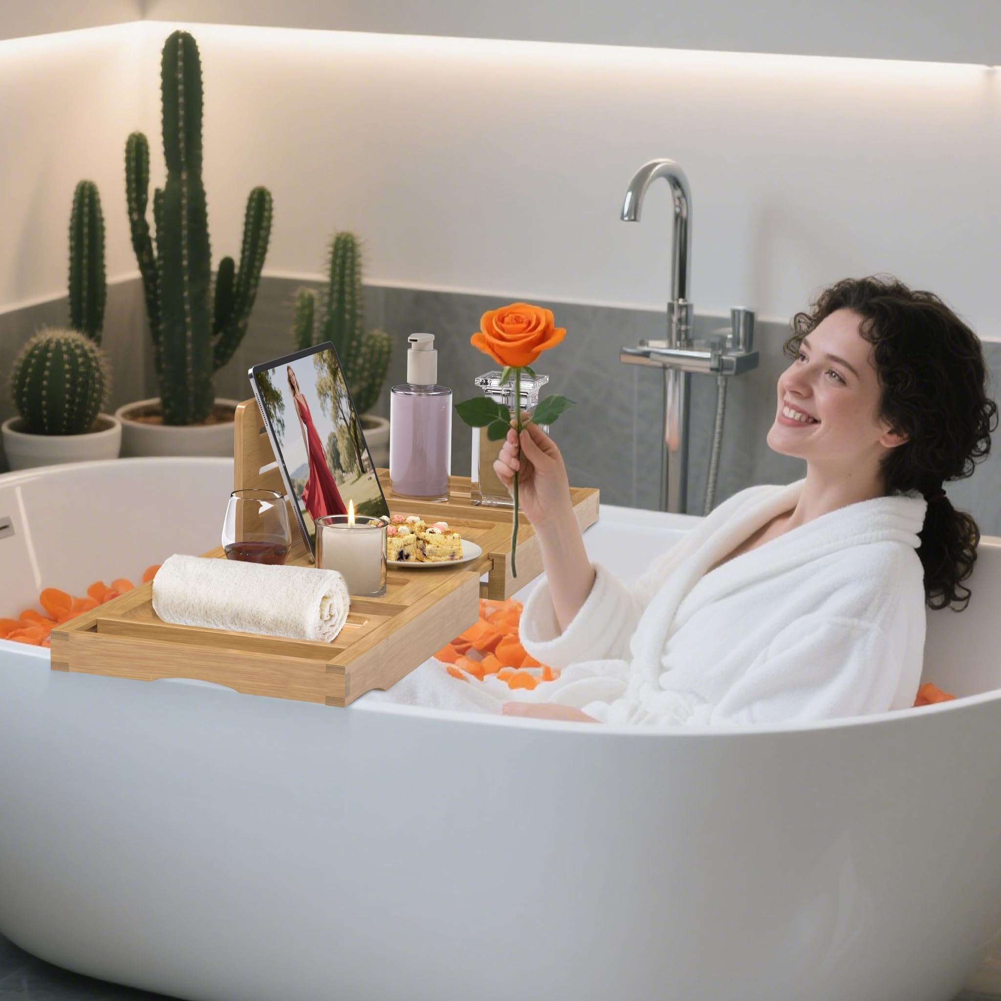 Bamboo Bathtub Tray - Relaxing Bath Caddy -6