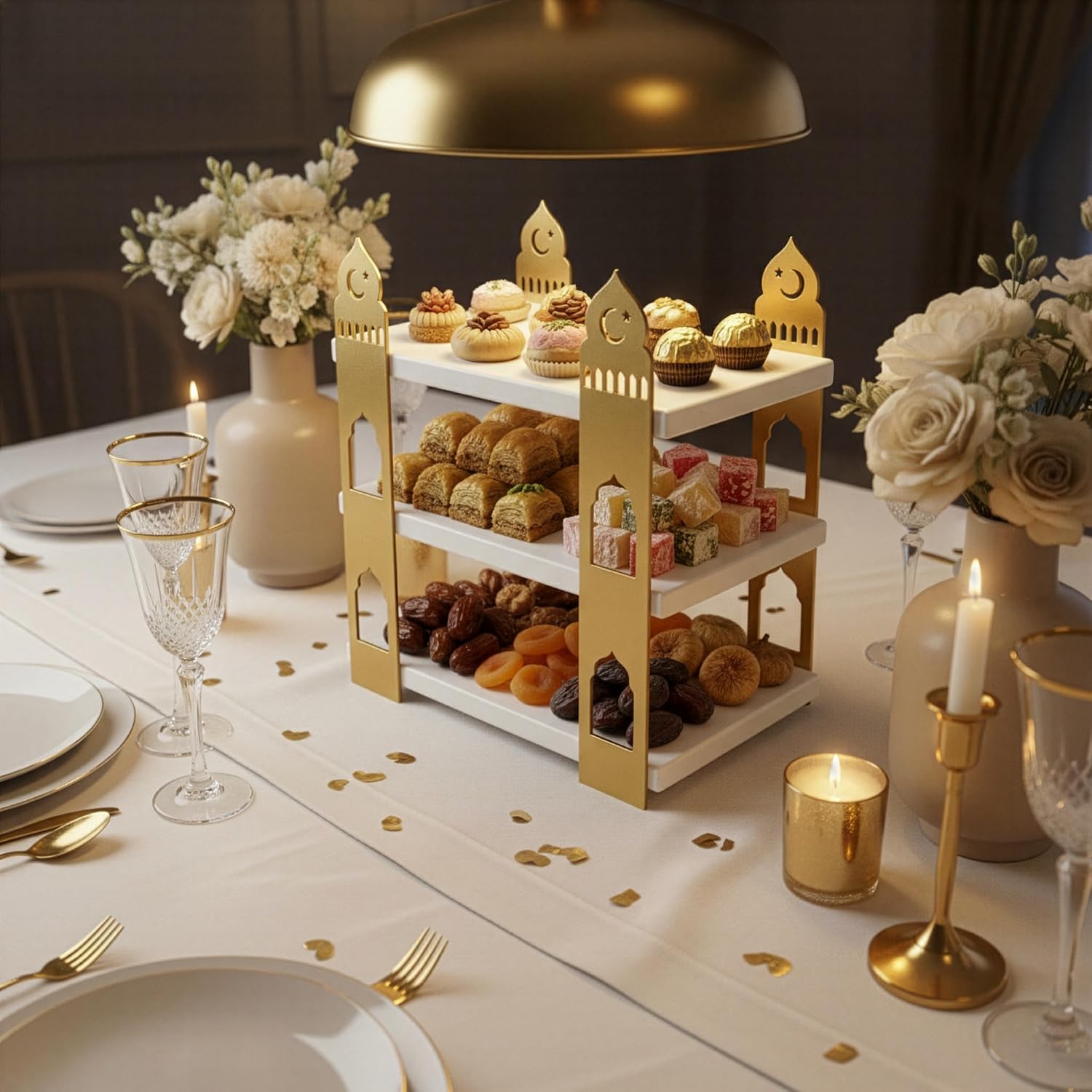Iwa Concept Modern Metal & Wood Ramadan 3-Tier Serving Tray - Mosque Silhouette Eid Mubarak Table Centerpiece - Islamic Dessert Tower for Dates, Sweets & Pastries - Luxury Holiday Home Decor & Gift
